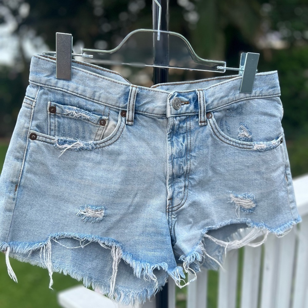 BDG Light Blue Jean Shorts Distressed Raw Hem High-Waisted - Picture 6 of 7